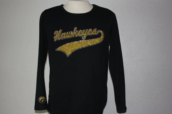 A black sweatshirt with the word hawkeyes on it.