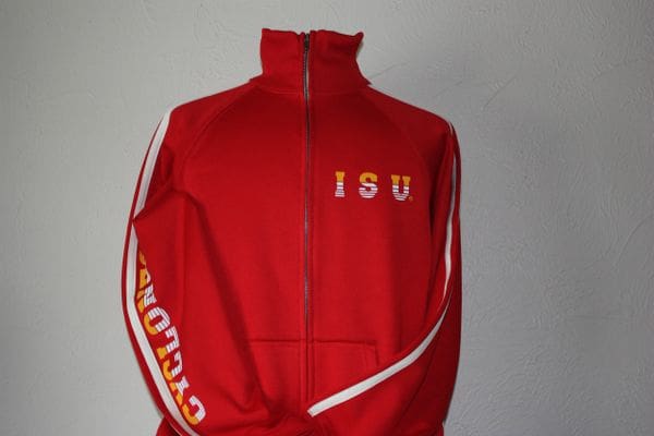 A red jacket with the letters isu on it.