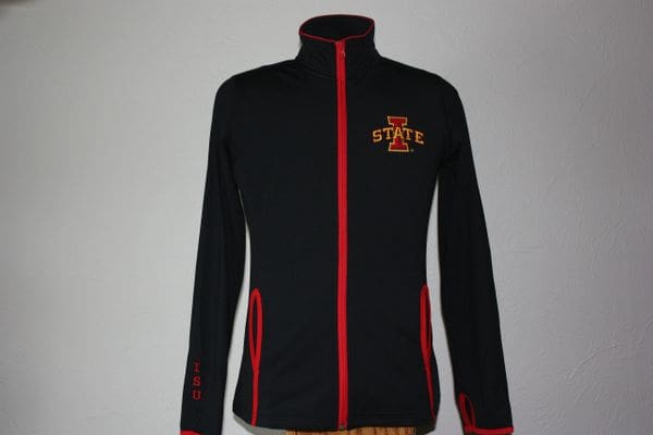A black jacket with red trim and an isu logo.