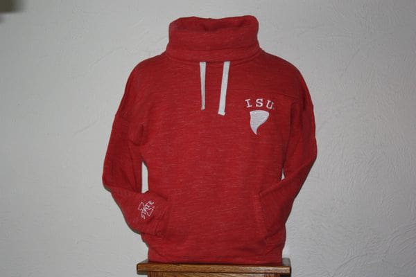 A red hoodie with the letters 1 3 6 on it.
