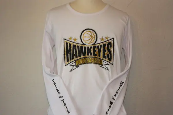 A white long sleeve shirt with the hawkeyes basketball logo on it.