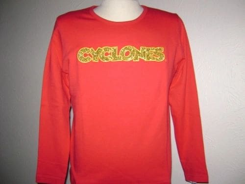 A red long sleeve shirt with the word " cyclones ".